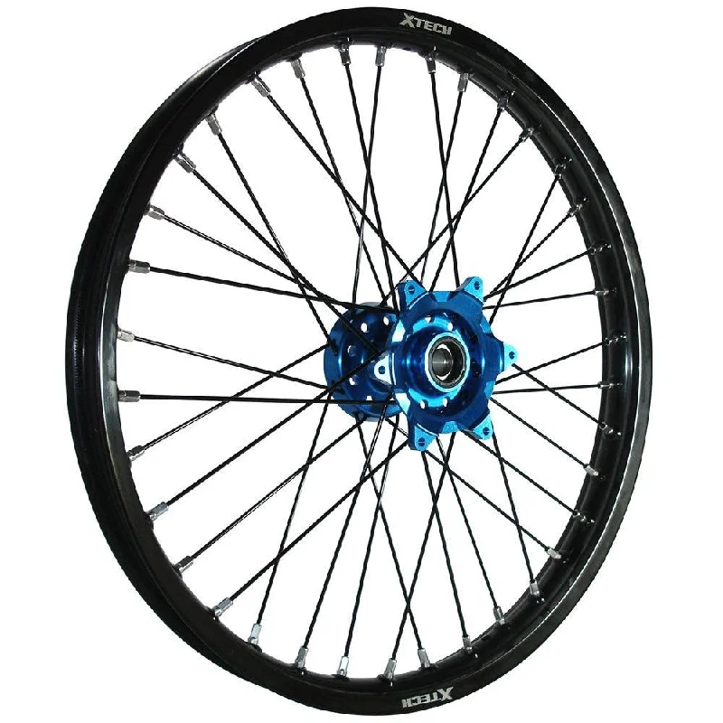 X-TECH FRONT WHEEL BLACK RIM/BLUE HUB/BLACK SPOKES 21X1.60