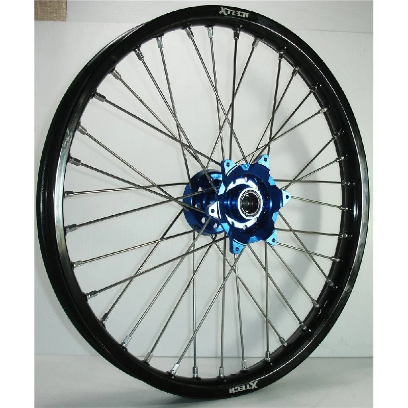 X-TECH FRONT WHEEL BLACK RIM/BLUE HUB/SILVER SPOKES 21X1.60