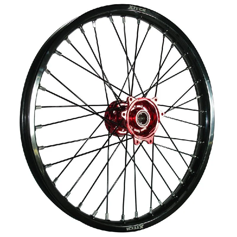 X-TECH FRONT WHEEL BLACK RIM/RED HUB/BLACK SPOKES 21X1.60