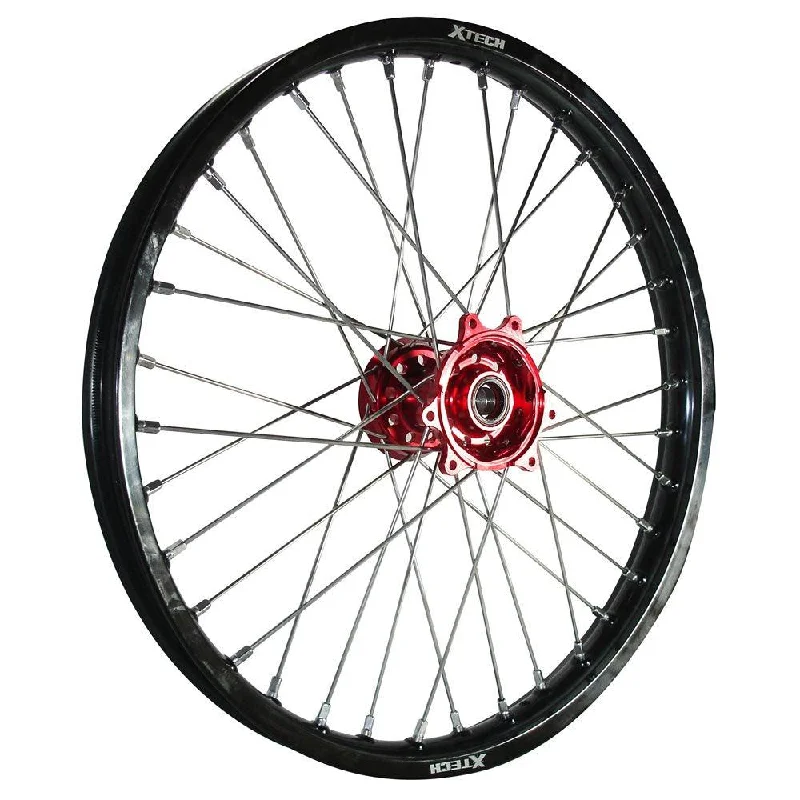 X-TECH FRONT WHEEL BLACK RIM/RED HUB/SILVER SPOKES 21X1.60